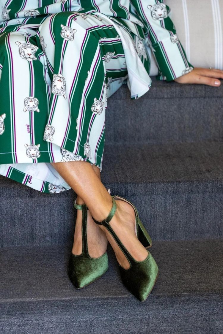 Green Velvet Versatile T-Strap Pointed Toe Block Heel Pumps [Pre Order]