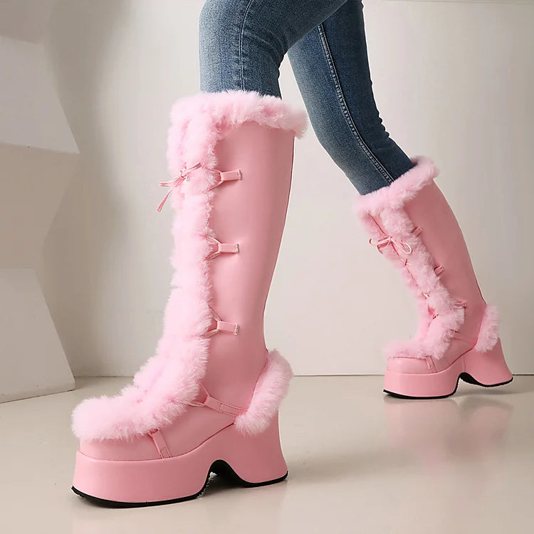 Fluffy Trim Lace Up Round Toe Chunky Heel Platform Snow Boots