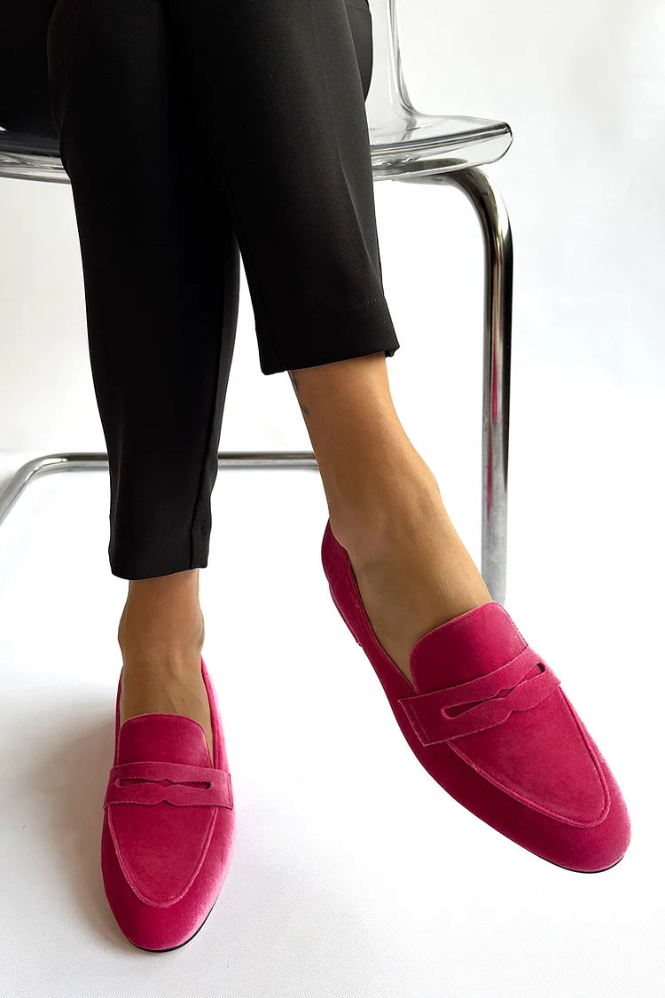 Solid Color Patchwork Round Toe Fuchsia Loafers [Pre Order]