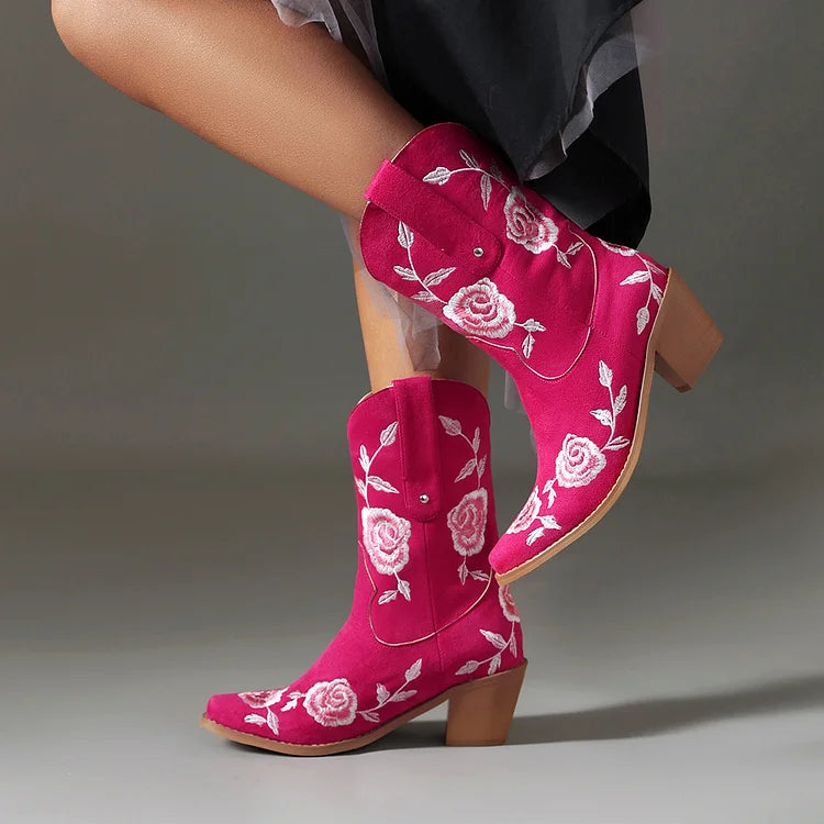 Floral Embroidery Pointed Toe Chunky Heel Western Boots