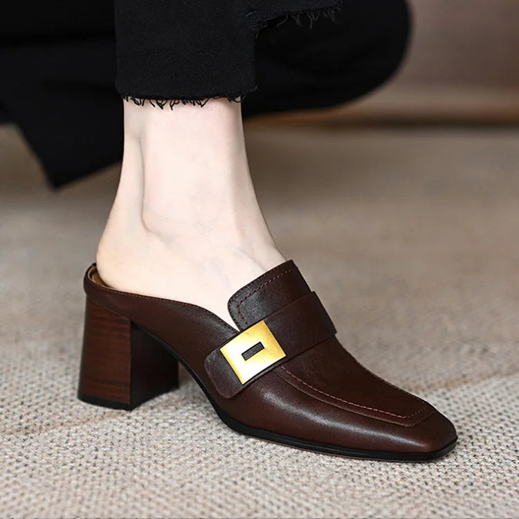 Patchwork Metal Buckle Decor Square Toe Slip On Mules Heels