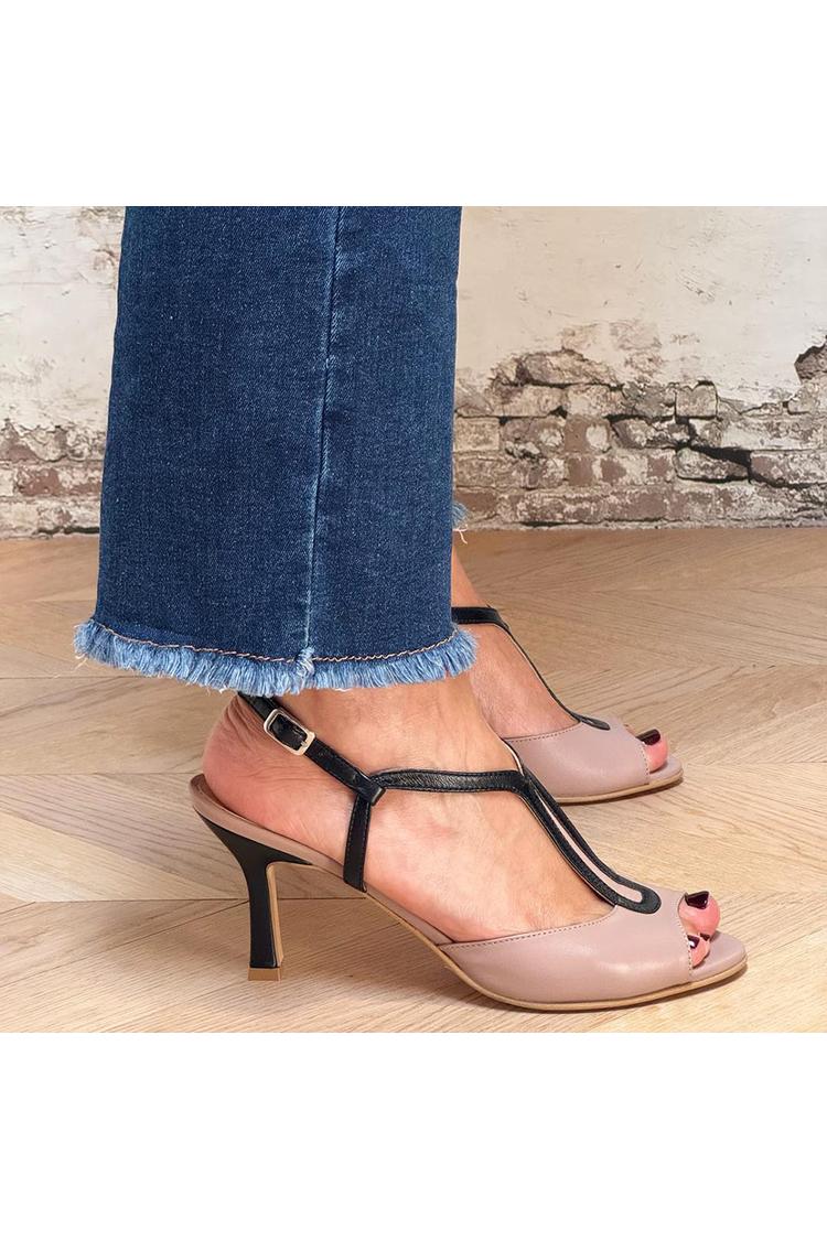 Scarpe con tacco a spillo color block, punta aperta, fibbia a T e tacco a spillo color talpa [Pre-ordine]