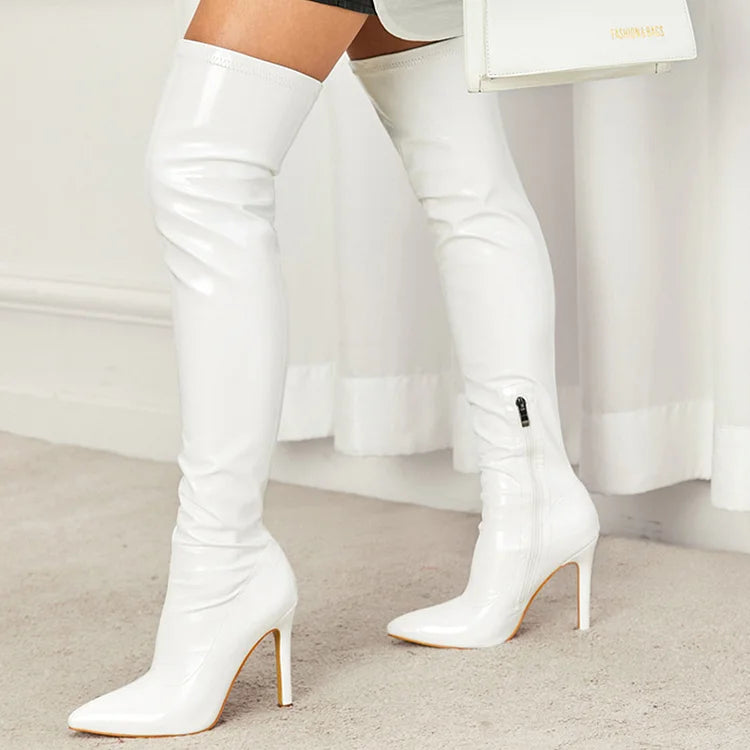 Pointed Toe Zipper Solid Color Stiletto Heel Over The Knee Boots