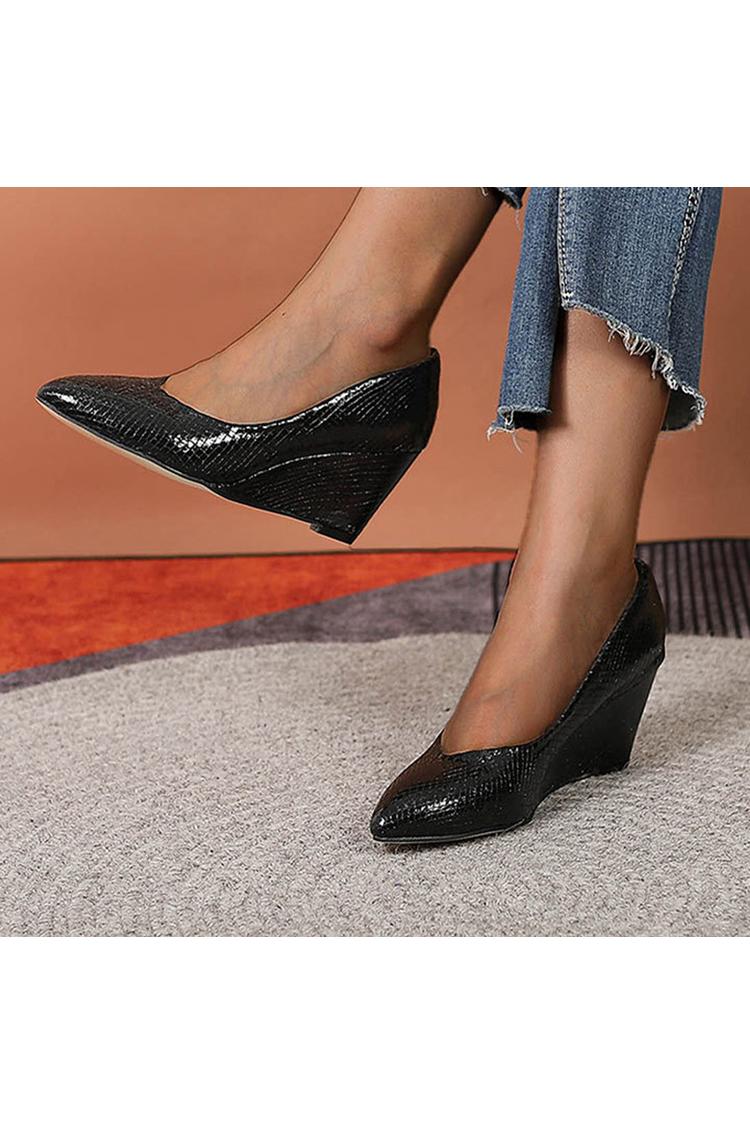 Scarpe con tacco a zeppa casual a punta con stampa serpente in tinta unita
