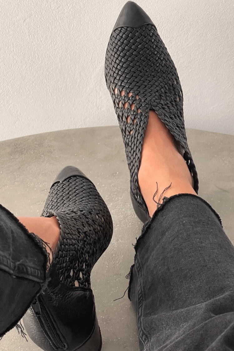 Woven Black Leather V-Cut Heels