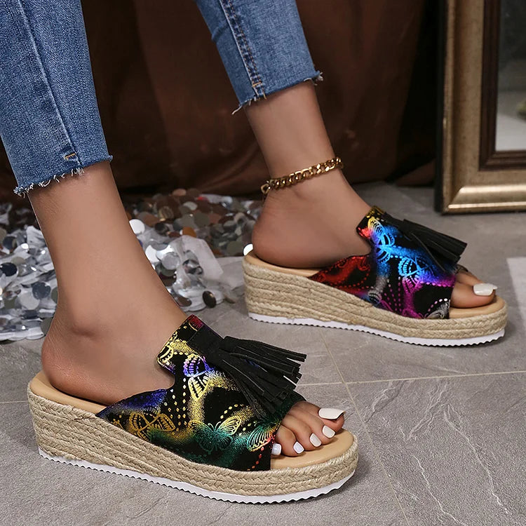 Bronzing Butterfly Print Tassels Trim Platform Wedge Espadrille Slippers