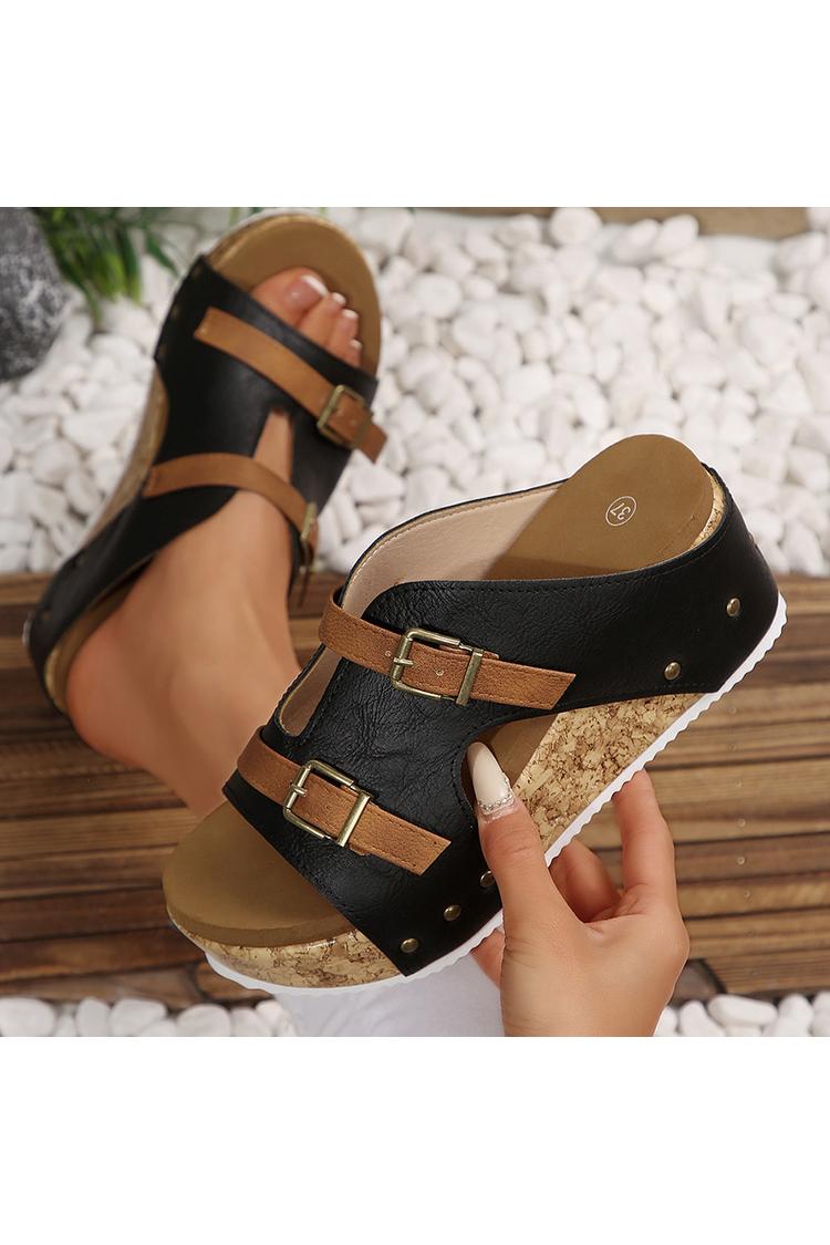 Pantofole casual con zeppa, punta rotonda, due cinturini e fibbie colorblock 