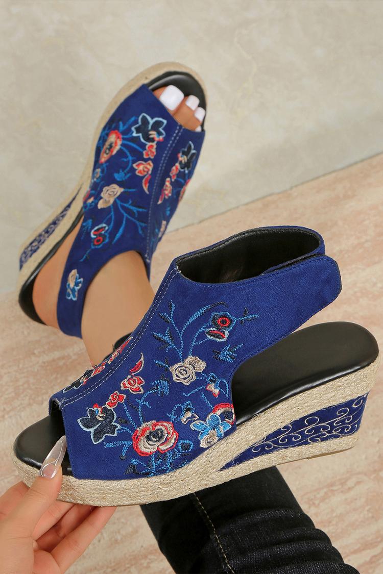 Sandali con zeppa casual con punta aperta e cinturino posteriore, motivo floreale 