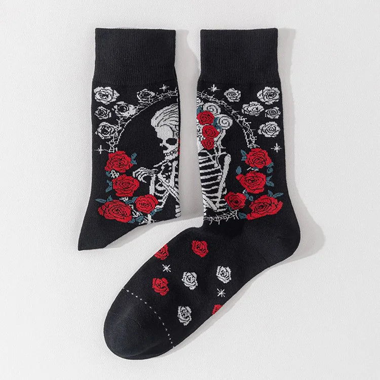 Calcetines de media pantorrilla con estampado floral de rosas y esqueleto de pelo largo para Halloween 