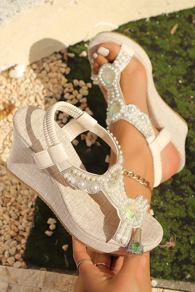 Pearl Rhinestone Decor Boho Style Open Toe Wedge Sandals