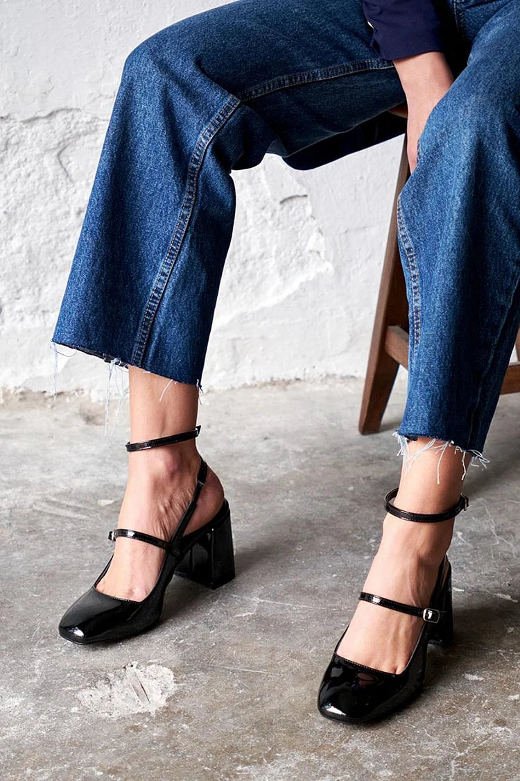 Square Toe Ankle Strap Buckle Plain Black Chunky Heels