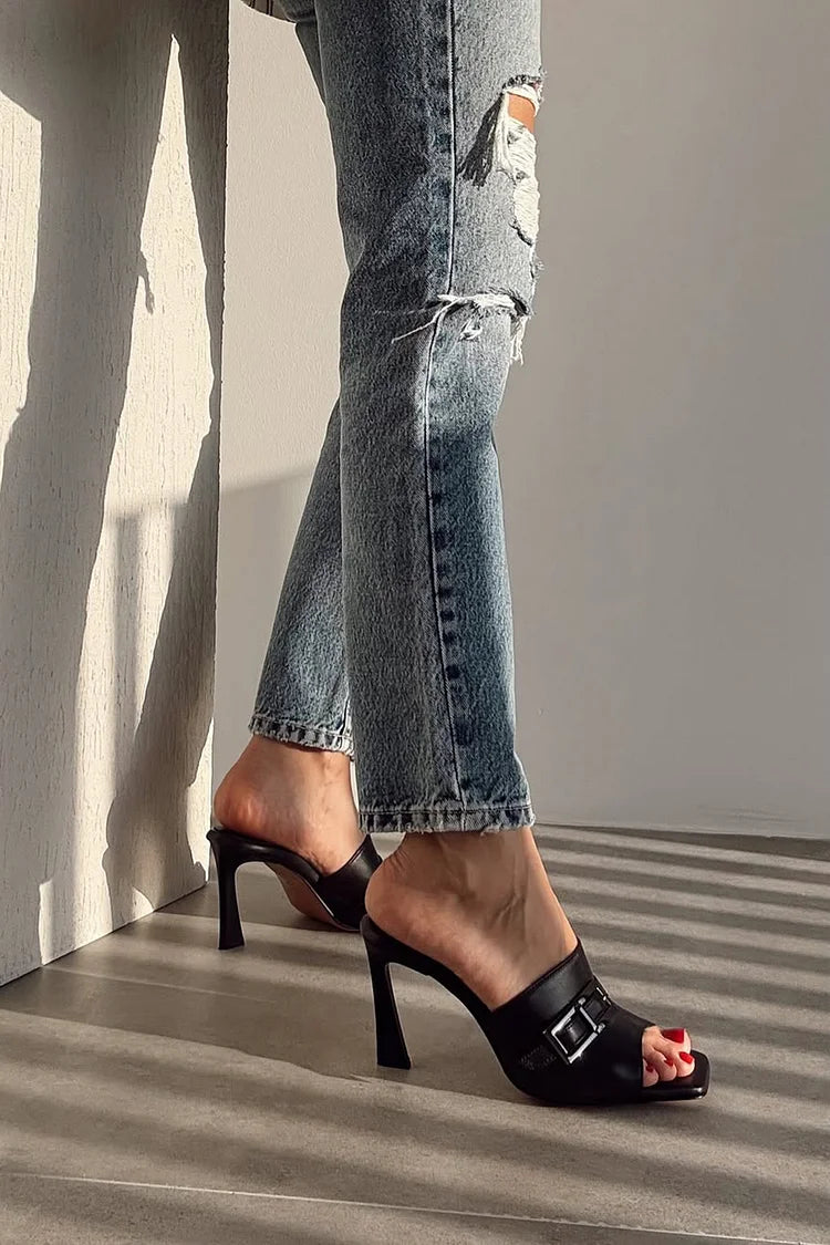 Scarpe con tacco a spillo nere con punta quadrata e fibbia decorativa [Pre-ordine]