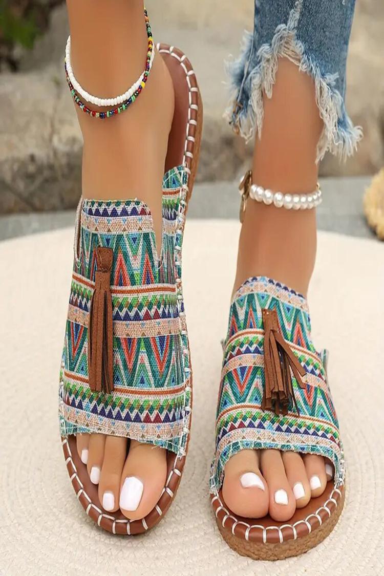 Multicolor Boho Pattern Tassel Decor Round Toe Casual Slippers