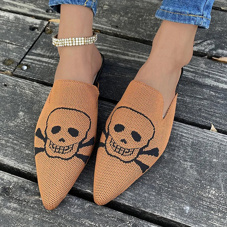 Casual Skull Print Pointy Toe Breathable Knit Mules