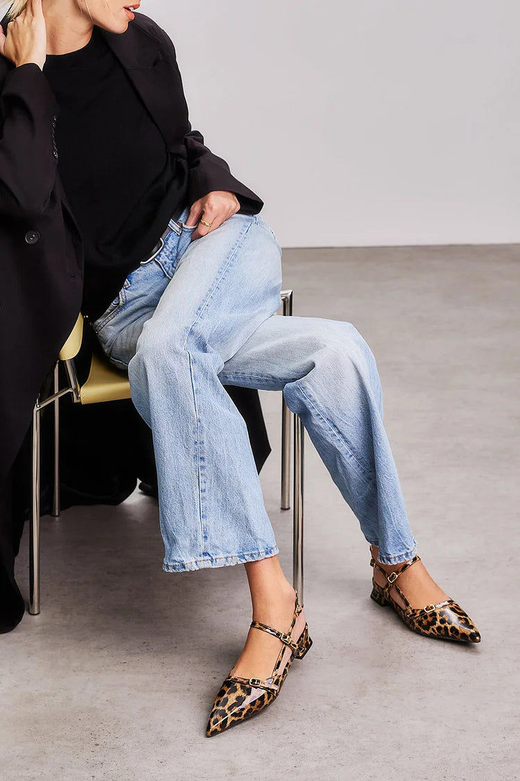 Pointed Toe Irregular Strap Buckle Leopard Print Flats [Pre Order]