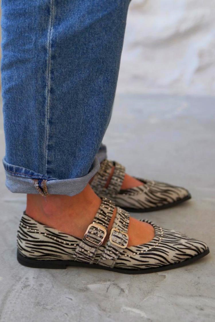 Zebra Print Metal Decor Two Strap Buckle Pointed Toe Flats [Pre Order]