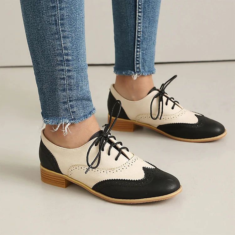 Round Toe Colorblock Patchwork Low Block Heel Lace Up Oxfords