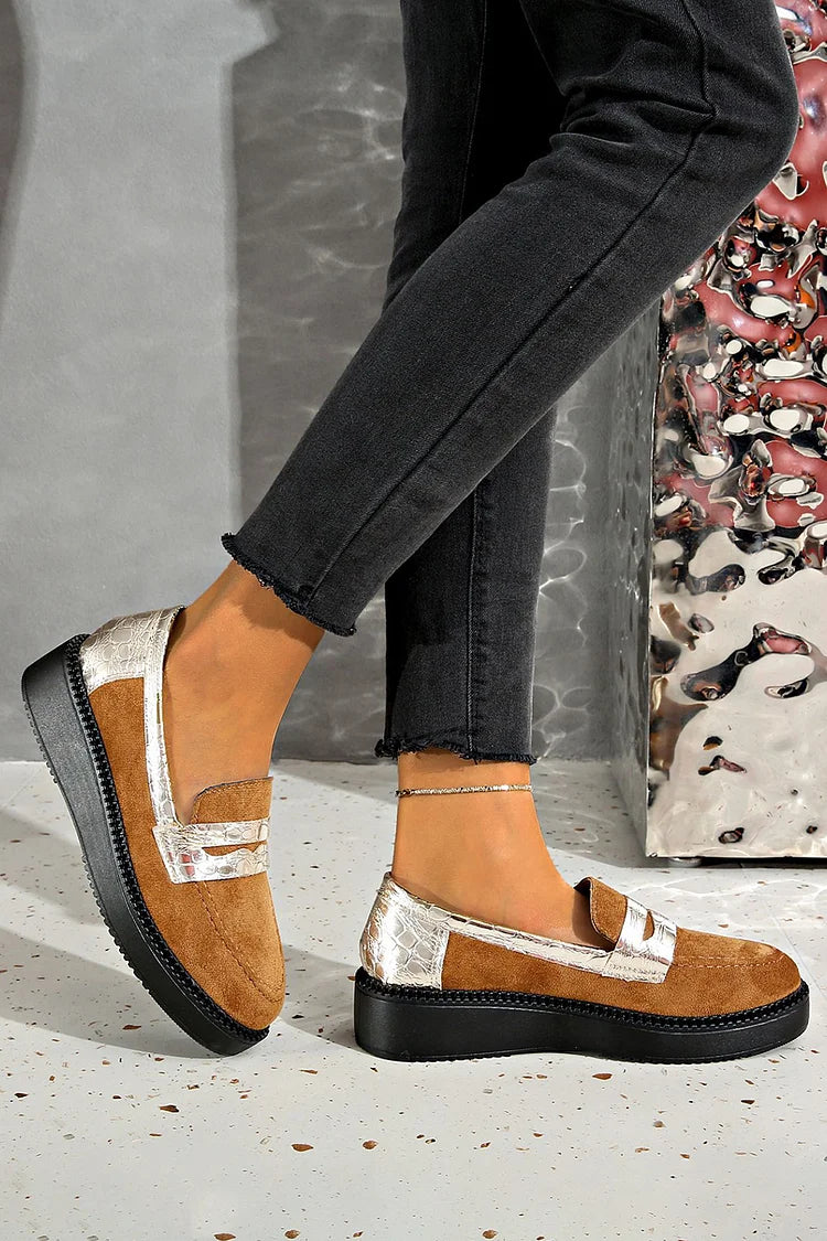 Metallic Sheen Patchwork Round Toe Casual Slip On Loafers