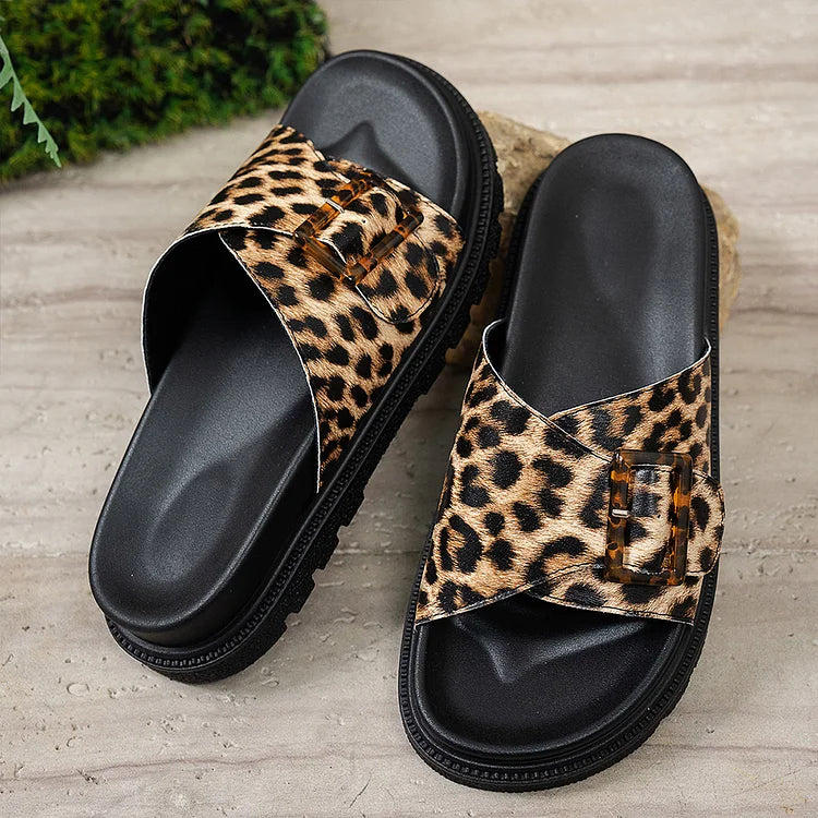Leopard Print Strap Buckle Round Toe Casual Platform Slippers