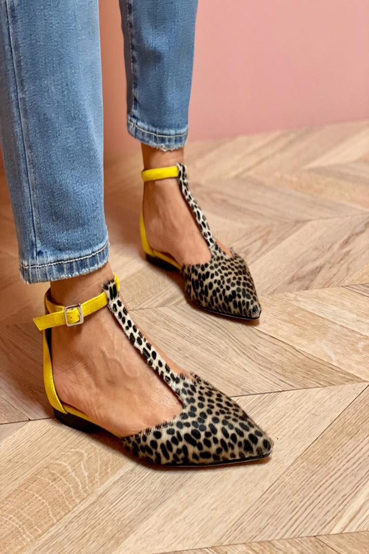 Scarpe basse con punta a punta, cinturino a T con stampa leopardata e fibbia color block [Pre-ordine]