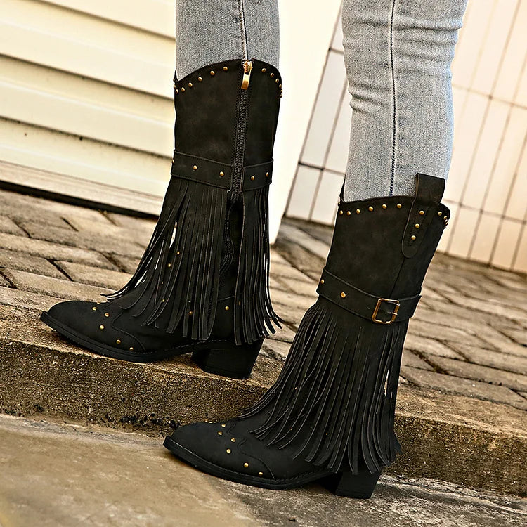 Metal Rivets Fringed Trim Pointed Toe Chunky Heel Mid Calf Boots