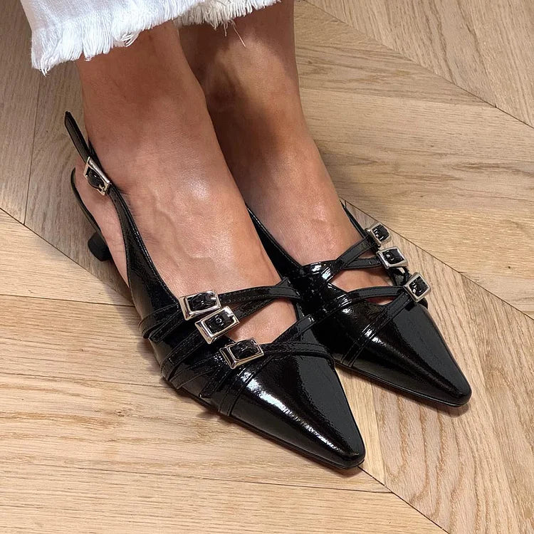 Scarpe con tacco a gattino nere, con cinturino multiplo, fibbie e punta affilata [Pre-ordine]