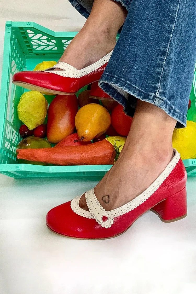 Tacones gruesos de punta redonda con bloques de color en rojo [pedido por adelantado] 