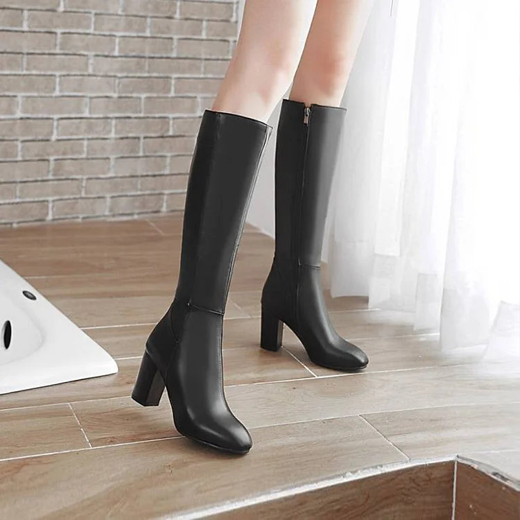 Stivali alti al ginocchio con cerniera tinta unita, punta rotonda e tacco spesso