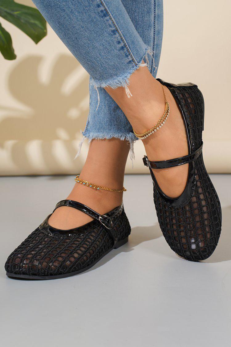 Scarpe basse con punta tonda, cinturino sul collo del piede in rete traforata, tinta unita 