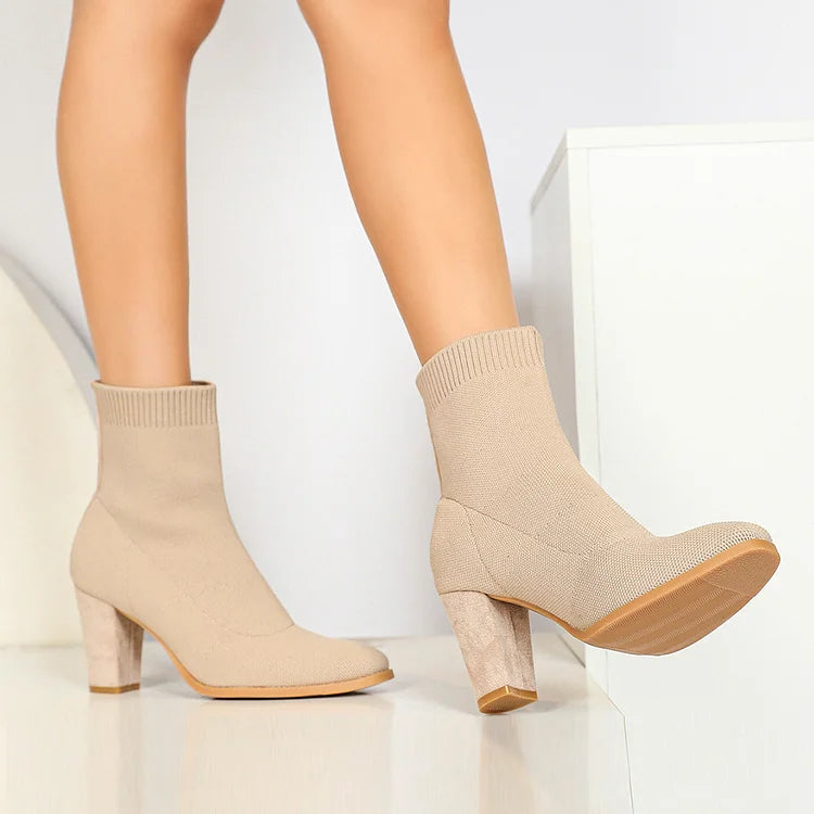 Knitted Solid Color Pointed Toe Chunky Heel Pull On Sock Ankle Boots