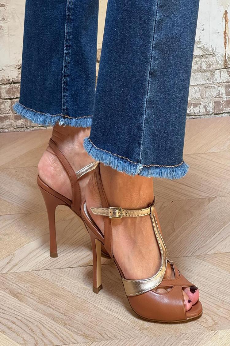 T-Strap Buckle Hollow Out Peep Toe Brown Stiletto Heels [Pre Order]