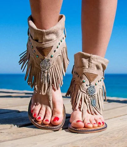 Womens Fringe Mid Low Sandals