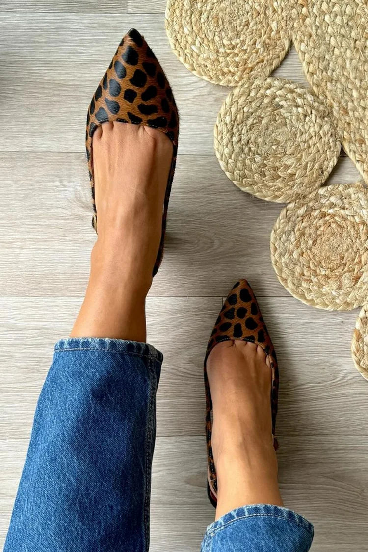 Leopard Print Pointed Toe Slingback Brown Chunky Heels