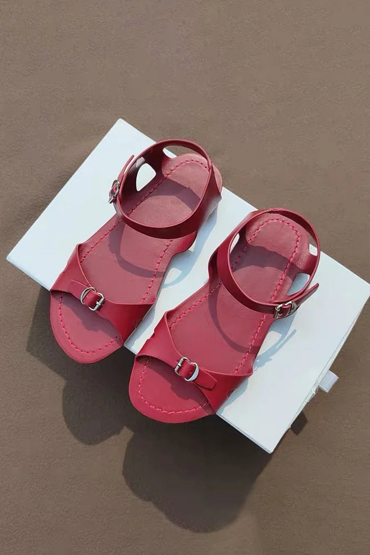 Solid Color Strap Buckle Cutout Round Toe Leather Sandals