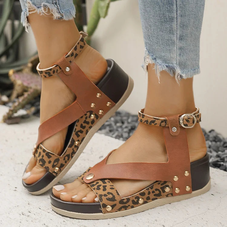 Patchwork Leopard Print Metal Rivets Round Toe Wedge Sandals