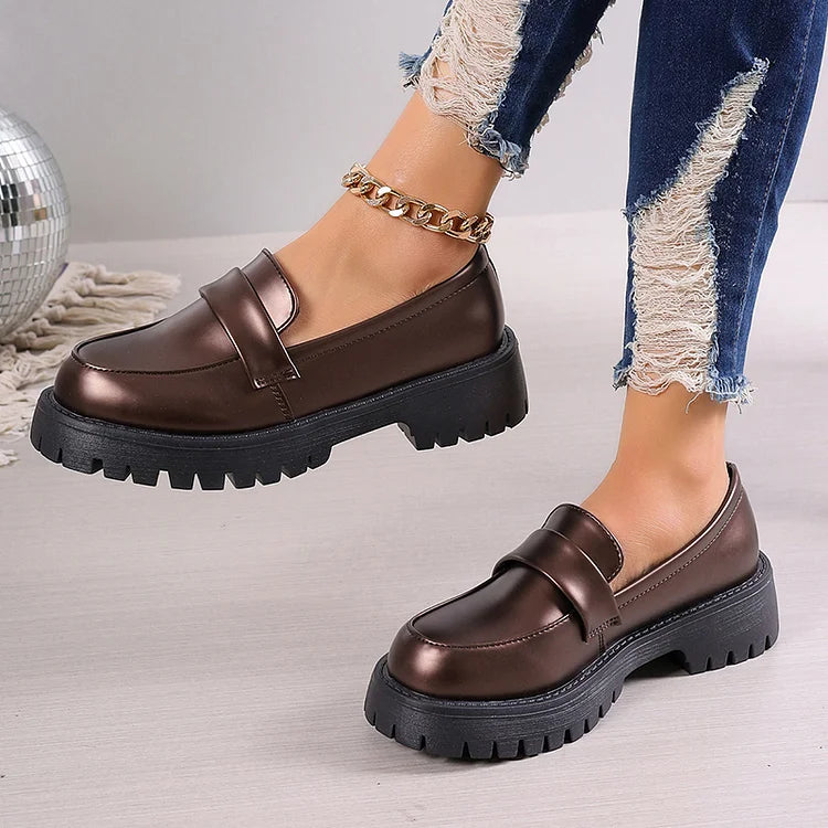 Patchwork Round Toe Chunky Heel Casual Loafers