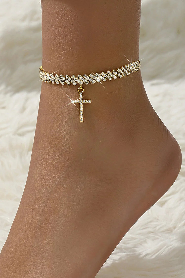 Cavigliera alla moda in lega con ciondolo a croce con decorazione in strass 