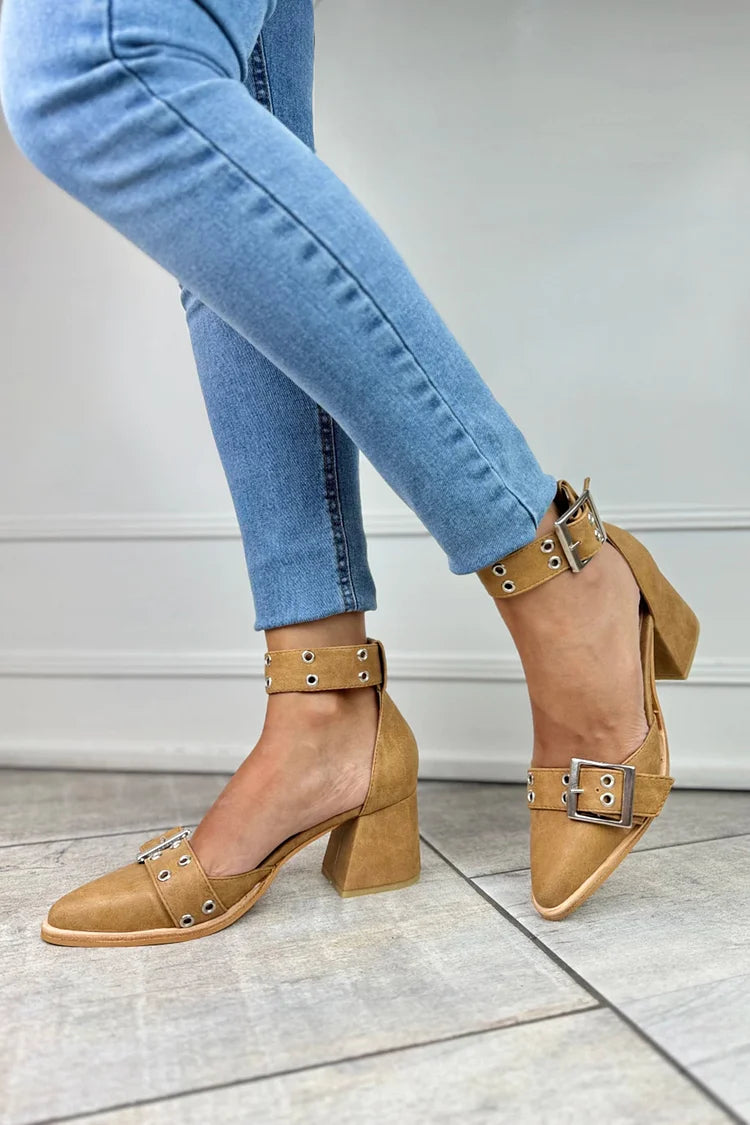 Pointed Toe Ankle Strap Buckle Khaki Chunky Heels [Pre Order]