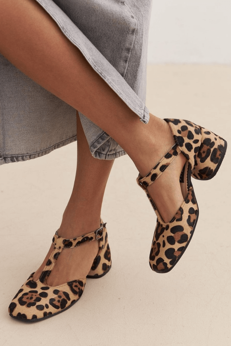 Leopard Print T-Strap Block Heel Pumps