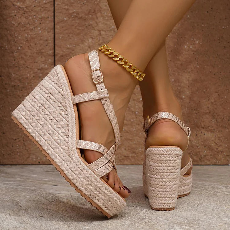 Bronzing Pattern Print Cross Strappy Buckle Platform Espadrille Wedge Sandals