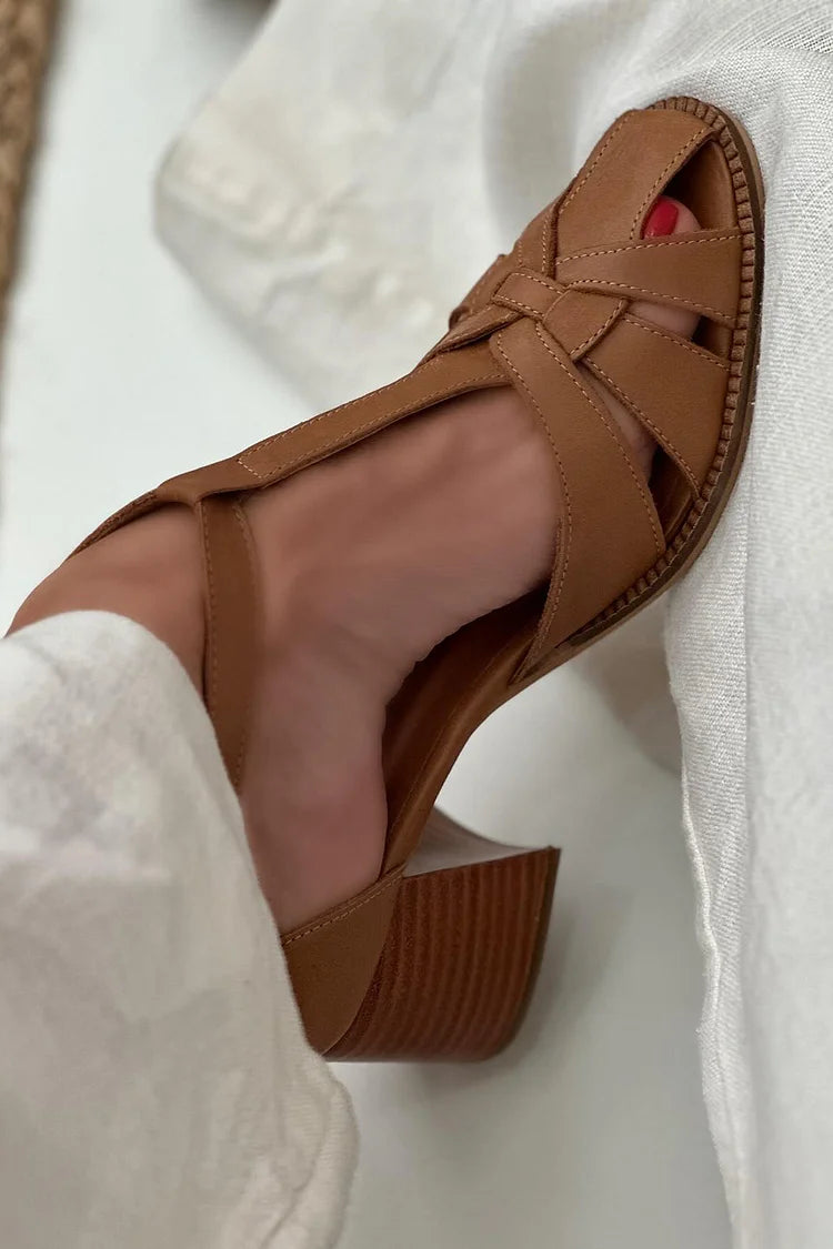 Hollow Out Woven T-Strap Buckle Brown Chunky Heels [Pre Order]