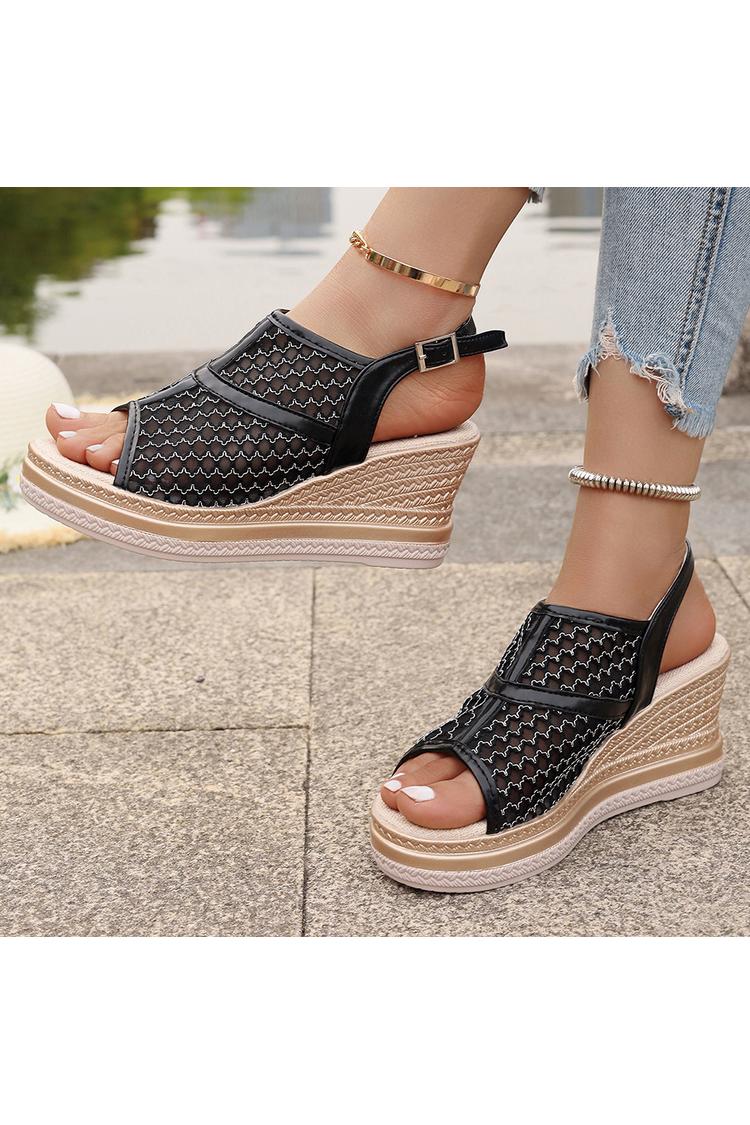 Zeppe casual in rete con cinturino alla caviglia con fibbia e punta aperta patchwork