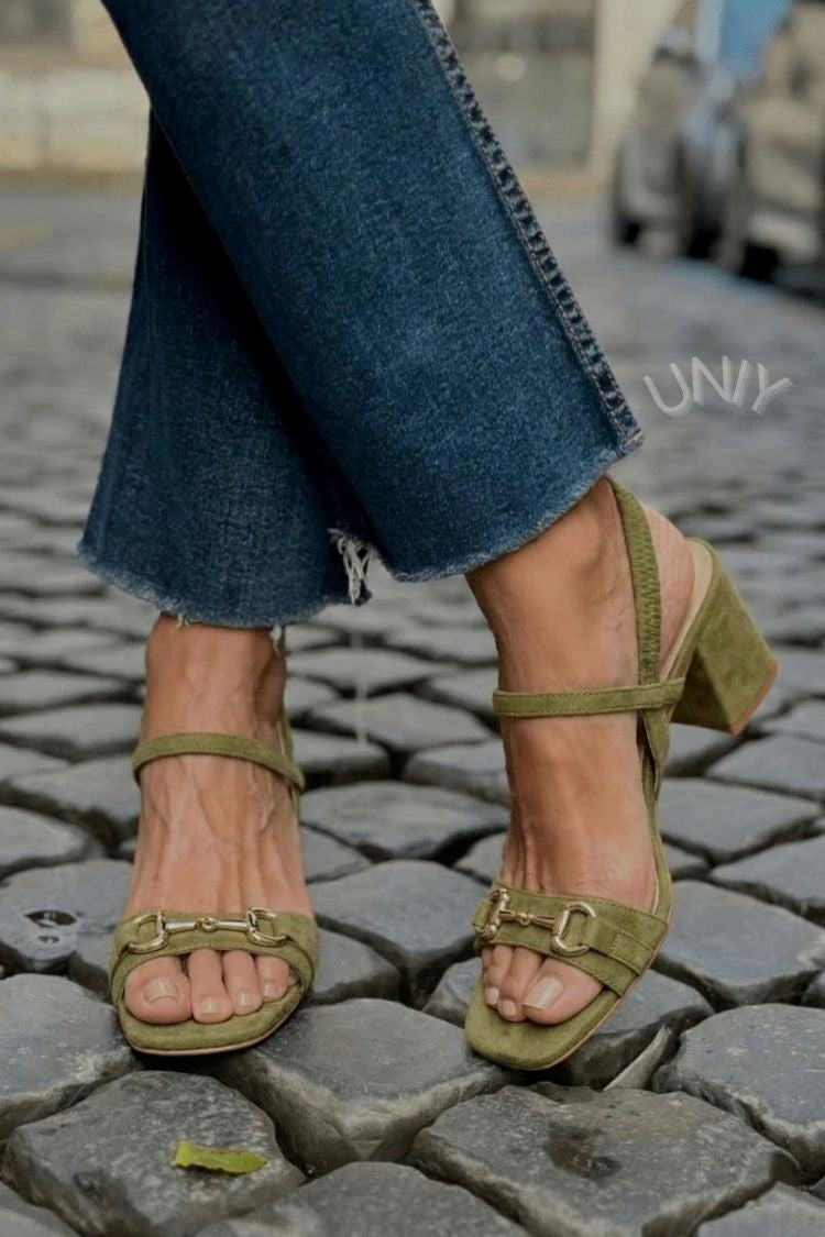 Olivengrøn ruskind hestebid blokhæl slingback-sandaler