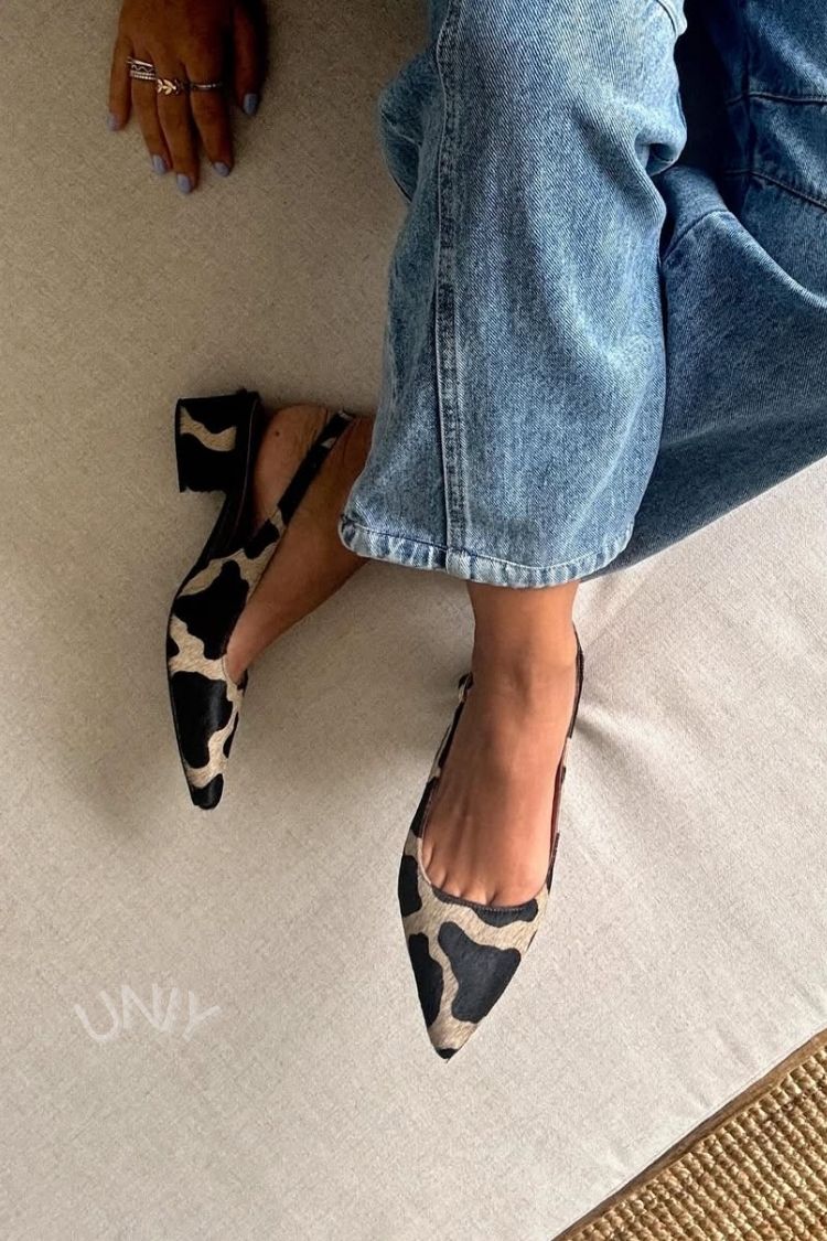 Classic Cow Pattern Pointed Toe Slingback Block Heels