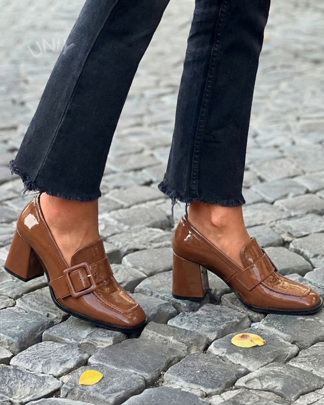Vintage Brown Patent Leather Buckle Loafer Block Heels [Pre Order]