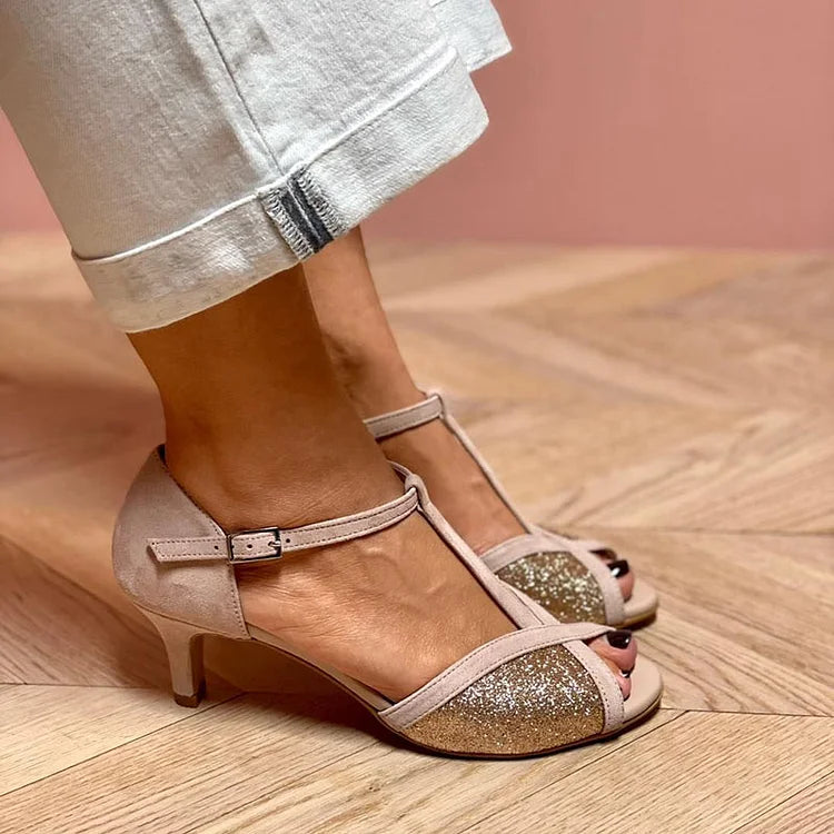 Patchwork T-Strap Fivela Glitter Peep Toe Taupe Salto gatinho