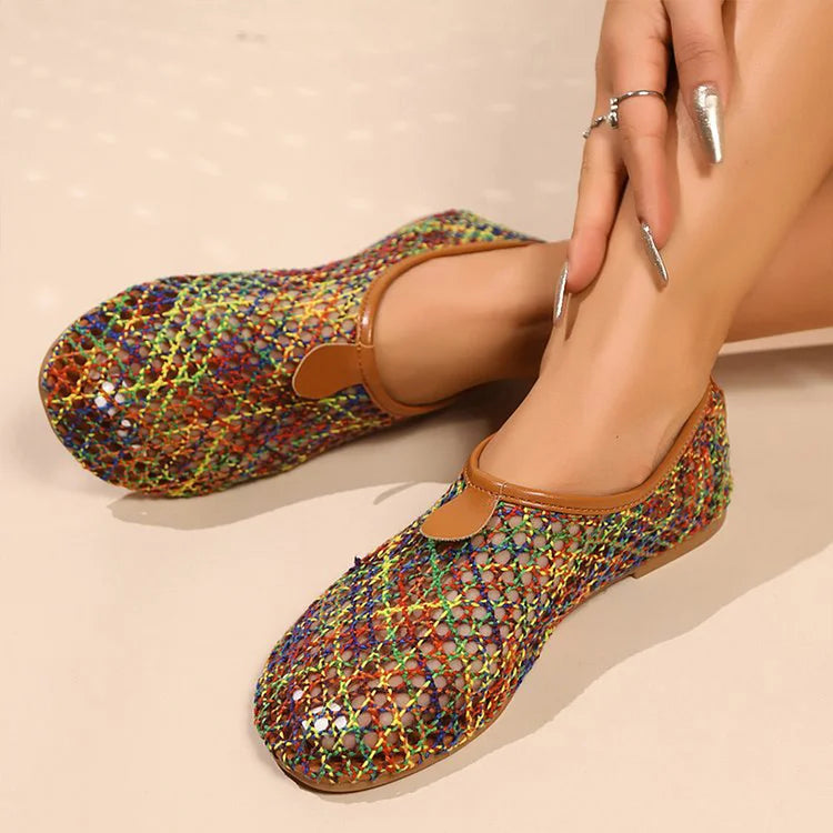Zapatos planos casuales de punta redonda con rejilla hueca multicolor 