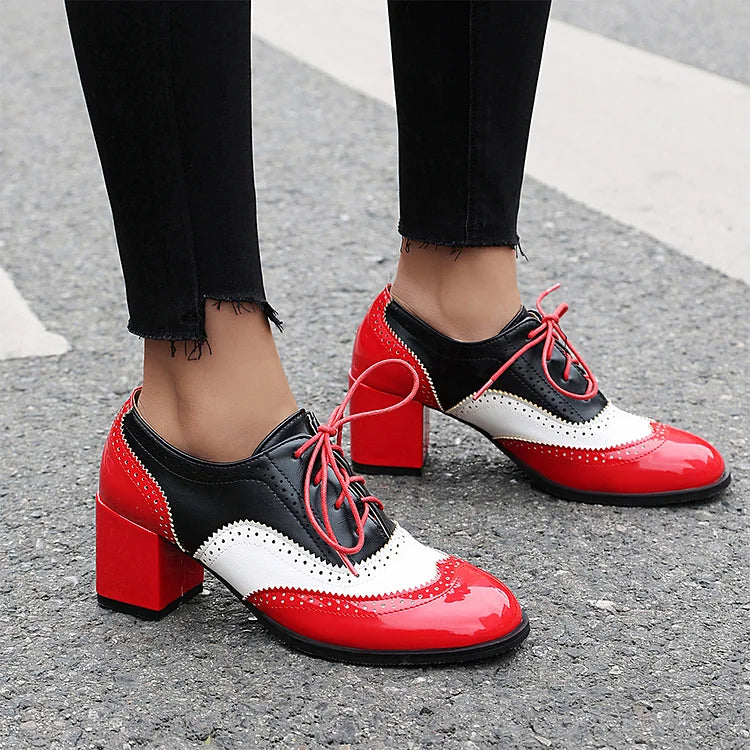Scarpe Oxford Brogue con Tacco Grosso e Lacci, Punta Rotonda e Patchwork Color Block 