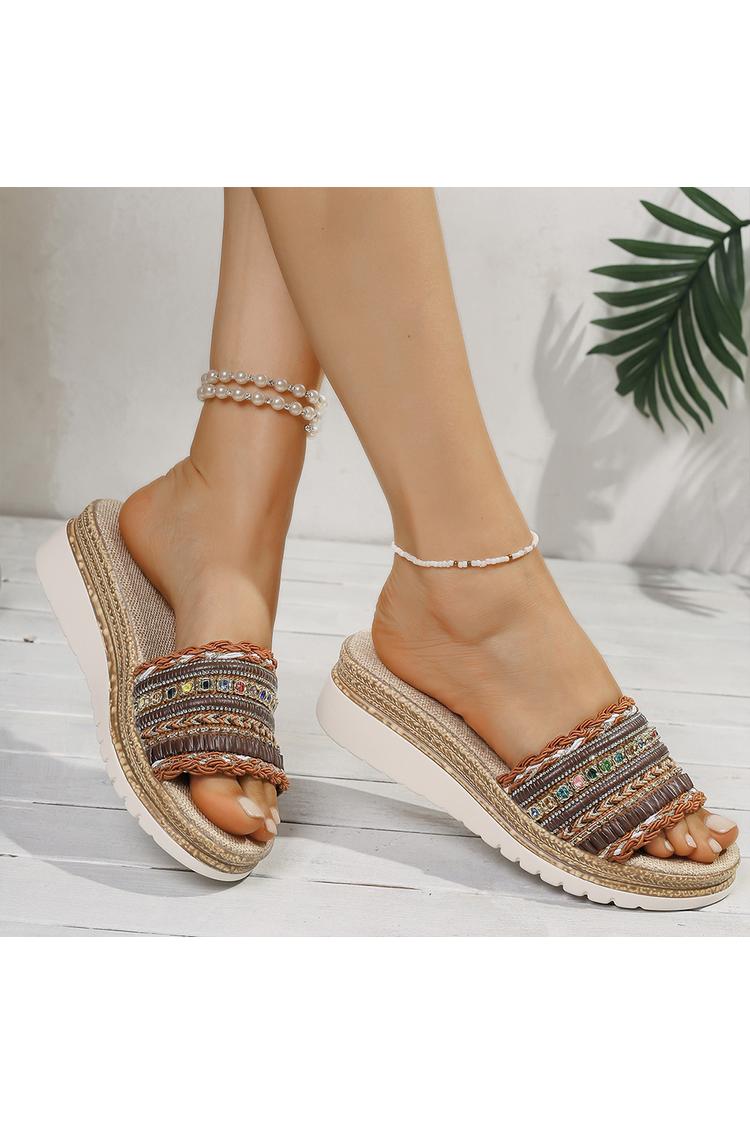 Kolorowe klapki na koturnie z ozdobą z kryształków, z okrągłym noskiem i wzorem patchworkowym, casualowe