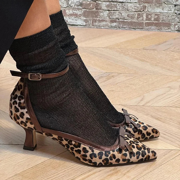 Ankle Strap Buckle Leopard Print Pointed Toe Beige Low Heels